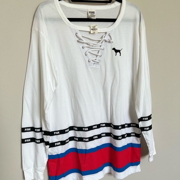PINK Victoria’s Secret White Varsity Stripe Lace Up Long Sleeve Top Size Medium - Picture 2 of 8